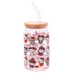 Silver Buffalo Sanrio Hello Kitty and Friends Halloween Spooky Costumes Ghost Witch Vampire Zombie Frankenstein Skeleton Pink Glass Jar Tumbler with Bamboo Lid and Glass Straw, 16 Ounces