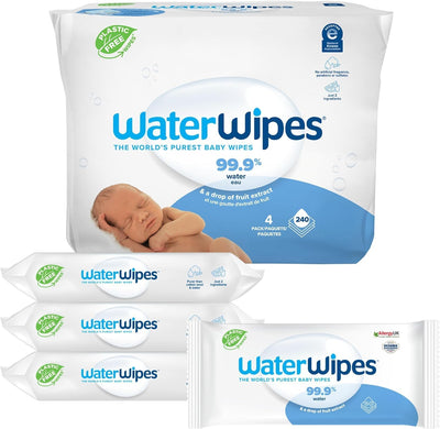 WaterWipes baby wipes packaging with a baby image on a white background