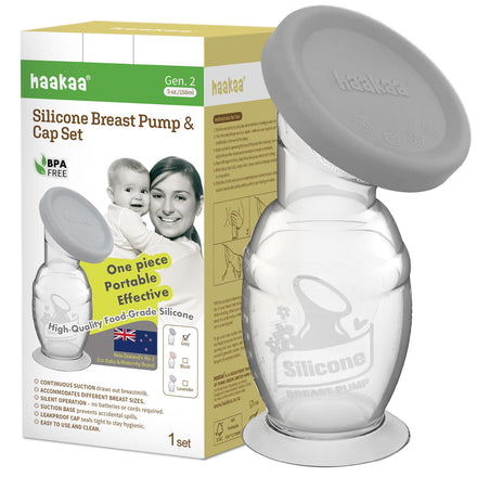 Haakaa silicone breast pump with packaging on a white background