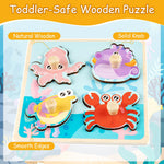 Funsland Wooden Toddler Puzzles - 4 Pcs Eco-Friendly Animal Patterns Jigsaw With Handles - Infant Kid Fine Motor Skill Learning Educational Montessori Toys for 1-3 Years Old