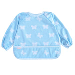 Light blue baby bib with butterfly patterns on a white background