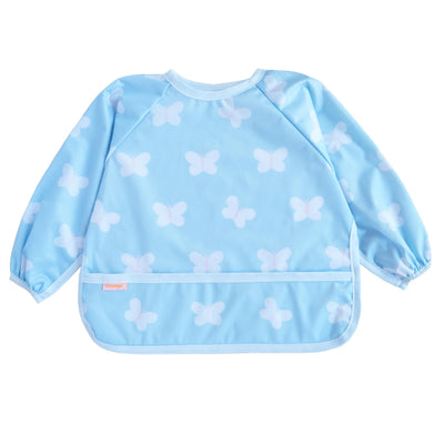 Light blue baby bib with butterfly patterns on a white background