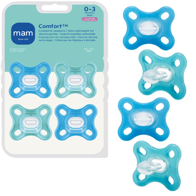Mam comfort baby pacifiers in blue and green with packaging on a white background