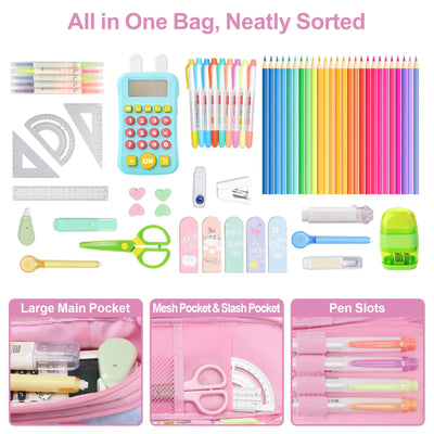 BrainyBees Pencil Case for Girls - Expandable Big Capacity Pencil Cases for Kids Special Pencil Pouch for Girls Large Storage Kids Pencil Bag for School (Pink Blue Tie Die)