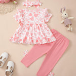 Kucnuzki Baby Girl Outfits 12 18 Months Toddler Girl Clothes Summer Ruffle Short Sleeve Floral Crewneck Shirt Tops Pink Leggings Pants 3-Piece Clothing Set