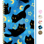 Stanoha Cute Spiral Notebook A5 Journal for Women Girls Kawaii Aesthetic Pretty Floral Design with Pocket, 8.5 x 5.7 inch, Line, Blue Black Cat