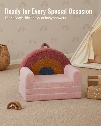 Blissful Diary Foldable Toddler Couch, 2-in-1 Comfy Toddler Chair & Lounger for Reading, Playroom, Kids Couch Sofa for Girls Boys Birthday Gift, Blush Rainbow