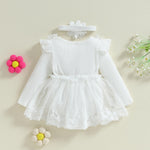 ZAXARRA Infant Baby Girl Romper Dress Baby Dress Romper Flowers Lace Fall Winter Clothes with Headband (White, 9-12 Months)