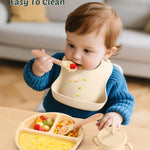 JELLDJK 24 PCS Silicone Baby Feeding Set, Baby Led Weaning Supplies Includes Suction Bowls and Divided Plates, Adjustable Silicone Bib, Spoons&forks, Training cup with straw (Green+Brown+Beige)