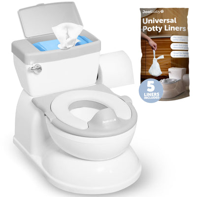 Potty training seat on a toilet with Joolbaby potty training liner packaging.