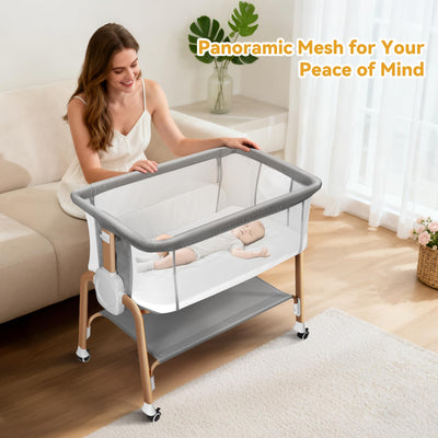 Bassinet Bedside Sleeper, Bedside Bassinet for Newborn, Baby Bassinet with 5 Adjustable Height, Rocking Bassinet with Wheels, Breathable Mesh & Mattress, Easy Folding Portable Bedside Crib(Gray)
