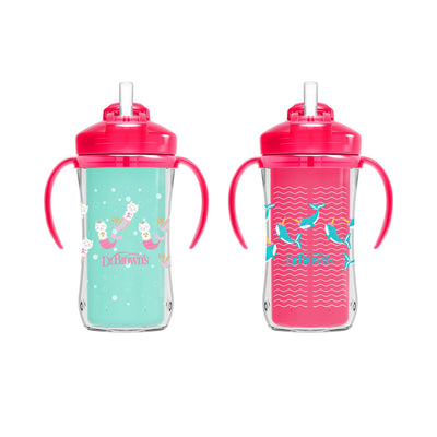 Dr. Brown's Milestones Insulated Sippy Cup with Straw and Handles, Pink, 10oz, 2 Pack, 12m+ & Dr. Brown’s Milestones Baby’s First Straw Cup, Training Cup with Weighted Straw, Coral, 6m+