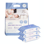 Obbi baby wipes value pack with packaging and individual packs displayed on a white background
