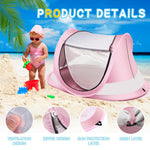 Baby Beach Tent,Large Pop Up Beach Tent Sun Shade for Beach,Portable Baby Travel Tent with Mosquito Net,Indoor Baby Play Tent,UPF 50+ UV Protection Sun Shelters (Pink)