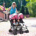 HOMGX Lightweight Double Stroller, Easy Fold Baby Stroller with 5-Point Safety Harness, Cup Holder, Compact Travel Stroller for Airplane, Pink