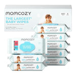 Momcozy baby wipes packaging with multiple packs displayed.