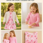 PATPAT Toddler Girl 2-Pack Long Sleeve A-line Dress Set Everyday Wear & Weekend Fun, Light Pink Floral, 6-7 Years