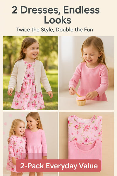 PATPAT Toddler Girl 2-Pack Long Sleeve A-line Dress Set Everyday Wear & Weekend Fun, Light Pink Floral, 6-7 Years