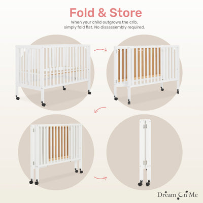 Dream On Me Quinn Full-Size Portable Baby Crib in White, GreenGuard Gold & BSA, Patented Quick Fold System, Adjustable Mattress Support, Heavy-Duty Wheels, Compact Design, Safe Sleep Assurance