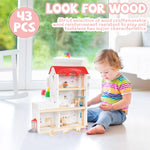 Wooden Dollhouse for Kids, Wood Doll Houses,Wood Playhouse, Three-Story Dollhouse with Furniture & Accessories, DIY Pretend Play Dream House with 3 Doll Figures, Gift for Toddlers & Young Girls