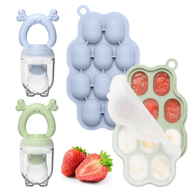 Silicone baby feeder and ice cube tray with strawberries on a white background