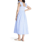 Motherhood Maternity Women's Sleeveless Ruffle Shoulder Smocked Maxi Pregnancy Dress, Blue/White Stripe, Medium