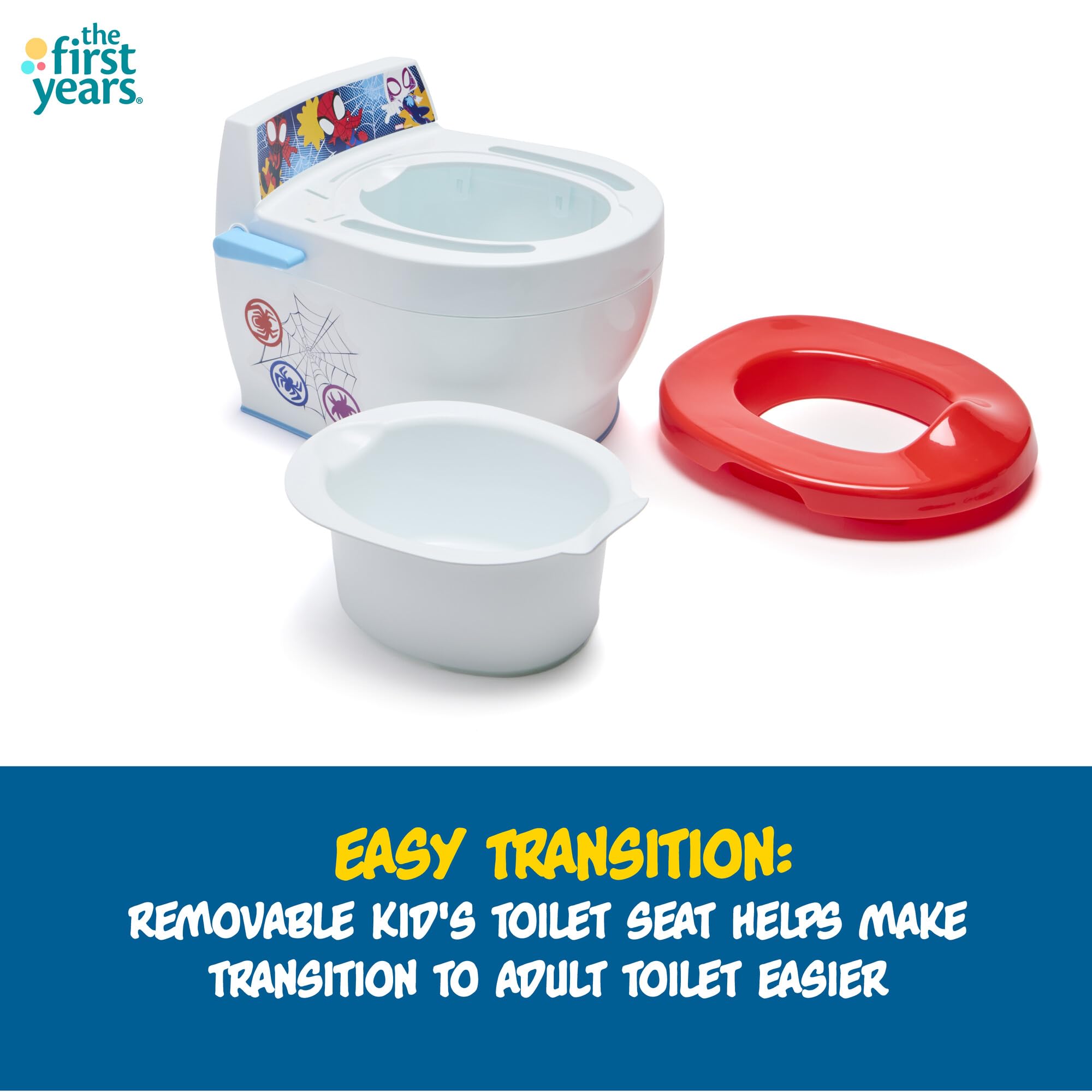 The First Years Spidey and his Amazing Friends Potty Training Toilet - 2-in-1 Potty & Removable Toddler Toilet Seat Attachment with Flush Sounds - Includes Anti-Splash Seat and Non-Slip Grip
