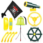 Foilswirl Swing Set Accessories Outdoor Playground Accessories Backyard Playground Equipment with Telephone, Ship Wheel, Telescope, Bell, Safety Handle Bars, Pirate Flag for Playhouse (Yellow, Green)