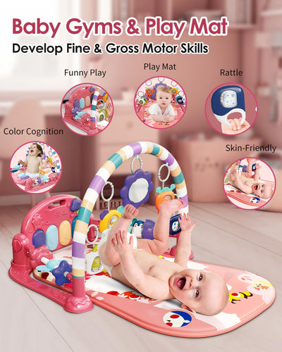 dearlomum Baby Play Mat Baby Gym,Funny Play Piano Tummy Time Baby Activity Mat with 5 Infant Sensory Baby Toys, Music and Lights Boy & Girl Gifts for Newborn Baby 0 to 3 6 9 12 Months (Pink)