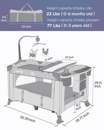 ADOVEL Baby Bassinet Bedside Crib, Pack and Play with Mattress, Diaper Changer and Playards from Newborn to Toddles, Grey