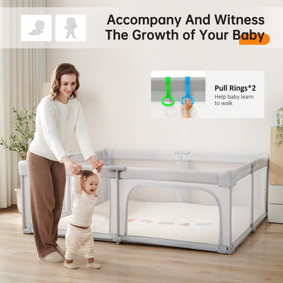 Baby Playpen,Foldable Portable Playpen for Babies and Toddlers,59”x59”Play Pen with Zipper Door,Baby Play Pen Indoor & Outdoor Baby Fence Play Area, Collapsible Play Yard with Travel Bag,Light Grey