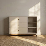 dadada Central Park 3-Drawer Dresser with Open Shelving - Modern Design, Baby-Safe Finish, Forged Steel Support, Sturdy Wood Legs, for Nursery, Kids or Teen Room, 47” Wide (Almond Milk+Walnut)