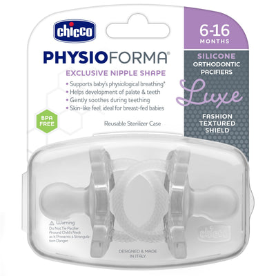 Chicco PhysioForma Luxe Orthodontic Pacifier for Babies 6-16 Months, One-Piece 100% Soft Silicone, Supports Breathing, Textured Shield & Handle, Sterilizing Case, BPA Free, 2-Pack, Crystal