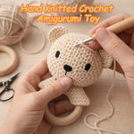 JUSTQUNSEEN Teddy Bear Baby Rattle Toy Hand Crochet Knitted Plush Stuffed Animal Teether Natural Wood Ring Cute Bear 6 Month Baby Gift Gentle Sound Shaker Newborn Infant Crib Soothing Sleep Aid Gift