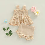 Murnouche 2Pcs Newborn Baby Girl Summer Clothes Sleeveless Floral Top Ribbed Shorts Boho Outfit Set Beige 3-6 Months