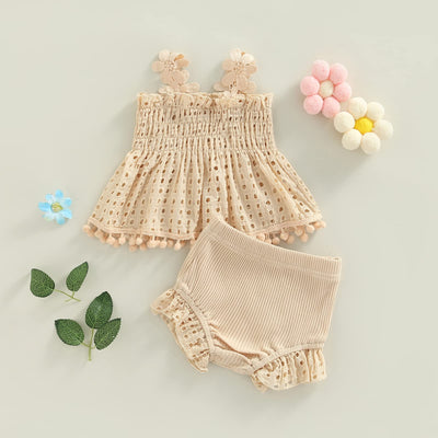 Murnouche 2Pcs Newborn Baby Girl Summer Clothes Sleeveless Floral Top Ribbed Shorts Boho Outfit Set Beige 3-6 Months
