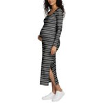 Motherhood Maternity Women's Long Sleeve Ribbed Square Neck Bodycon Casual Pregnancy Dress, Black/White Double Stripe, Large