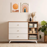 dadada Central Park 3-Drawer Dresser with Open Shelving - Modern Design, Baby-Safe Finish, Forged Steel Support, Sturdy Wood Legs, for Nursery, Kids or Teen Room, 47” Wide (White+Red Oak)