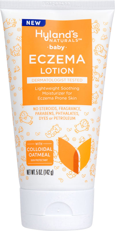 Hyland's Naturals baby eczema lotion tube on a white background