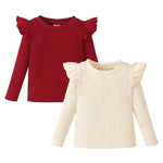 OPAWO Toddler Girl Shirts Ruffle Long Sleeve Baby Tee Tops, Ribbed Toddler Girl Blouse, Fall Baby Girl Clothes 2-Pack 12M-4T(Burgundy Apricot, 12-18 Months)