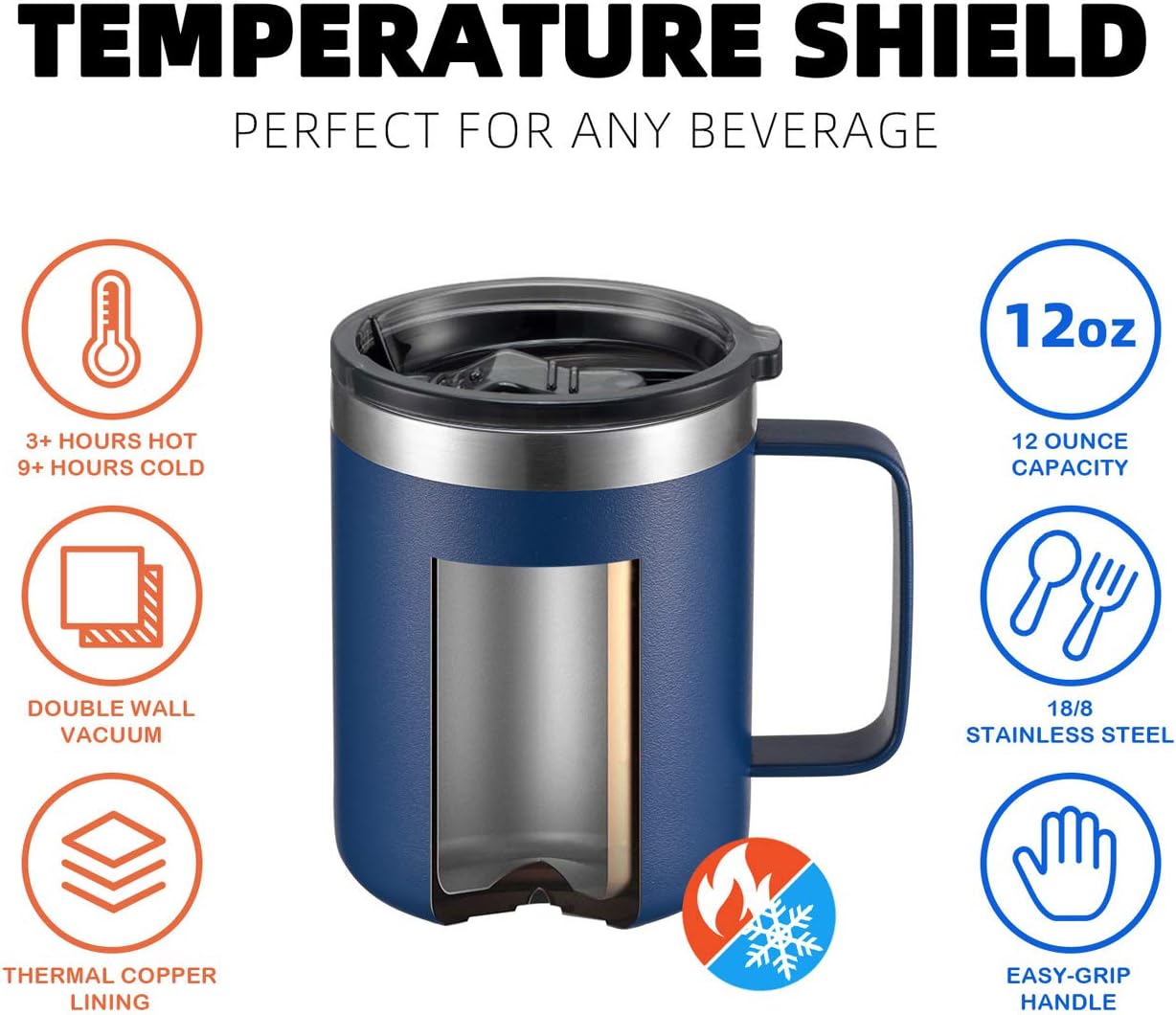 ALOUFEA 12oz Stainless Steel Insulated Coffee Mug with Handle, Double Wall Vacuum Travel Mug, Tumbler Cup with Sliding Lid, Navy