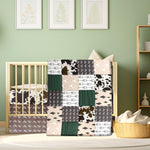 Hahafelt 3 Piece Patchwork Crib Bedding Set, Neutral Cow Cactus Print Baby Bedding, Barnyard Western Nursery Decor, Standard Size Soft Baby Bed Set Includes Quilt, Fitted Crib Sheet, Bed Skirt