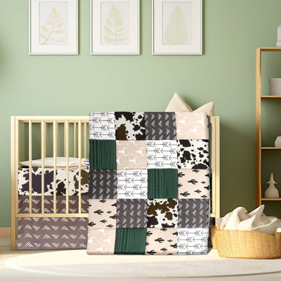 Hahafelt 3 Piece Patchwork Crib Bedding Set, Neutral Cow Cactus Print Baby Bedding, Barnyard Western Nursery Decor, Standard Size Soft Baby Bed Set Includes Quilt, Fitted Crib Sheet, Bed Skirt