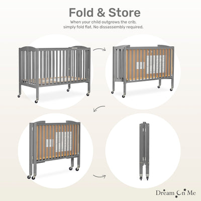 Dream On Me Folding Full-Size Convenience Baby Crib, Steel Grey, GreenGuard Gold & BSA, Portable, Patented Quick Folding System, Heavy Duty Wheels, 2 Adjustable Mattress Heights