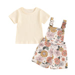 Lucikamy Toddler Baby Girls Summer Outfit Short Sleeve Ribbed Tops + Flower Suspender Overalls Shorts Set Kids Cute Clothes (Beige Top + Flower, 12-18 Months)