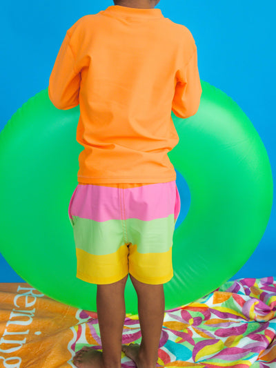 RUGGEDBUTTS Boys UPF50+ Stretch Swim Trunks - Neon Citrus Color Block, 3-6m