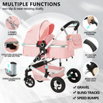 Kinder King 2 in 1 Convertible Baby Stroller, Folding High Landscape Infant Carriage, Newborn Reversible Bassinet Pram, Adjustable Canopy, Diaper Bag, Pink