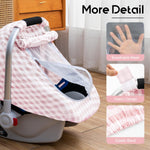 Muslin Car Seat Cover Baby, Breathable Infant Car Seat Cover with 2-Layers Window, Lightweight Car Seat Sun Shade Cover for Summer, Universal Carseat Canopy for Newborn Shower Gift (Pink)