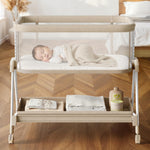 Fodoss Baby Bassinets Bedside Sleeper - Bed Side Bassinet Newborn with Wheels, Storage Tray, 4-Sided Mesh, 7 Height Adjustable, Beige