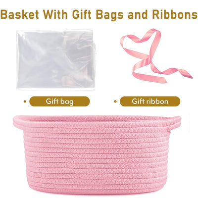 Baby Gift Basket with Gift Bags and Ribbons, 12x 8x 5 Inch Basket for Baby and Pet Toys, Small Cotton Rope Basket - Pink